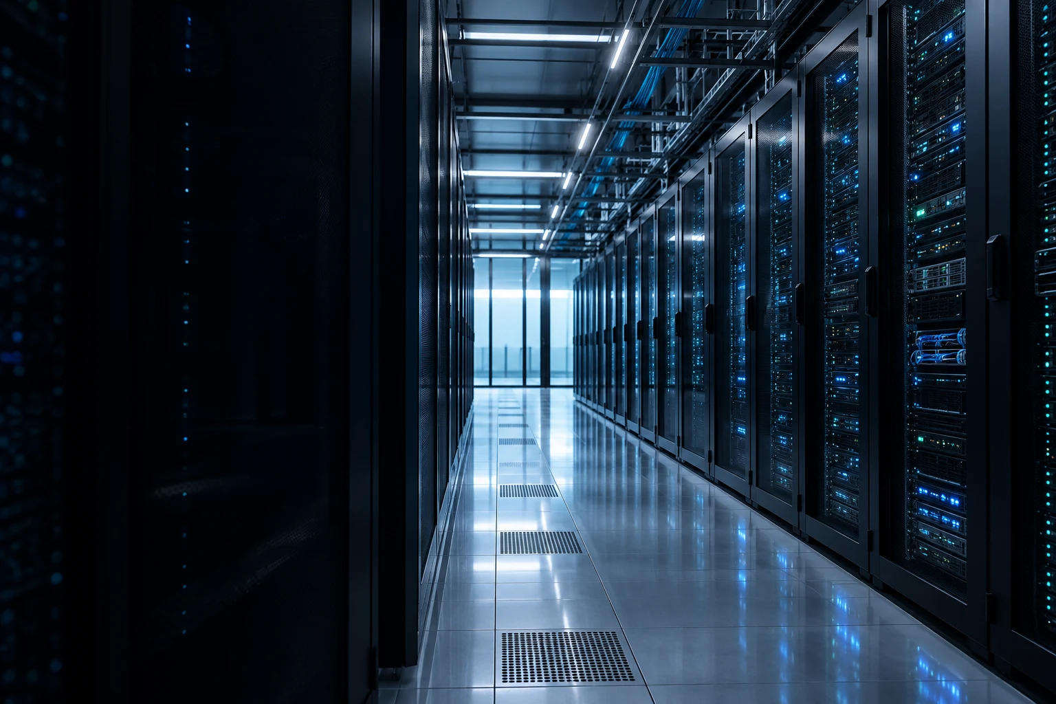 Enterprise server infrastructure with blue status lights
